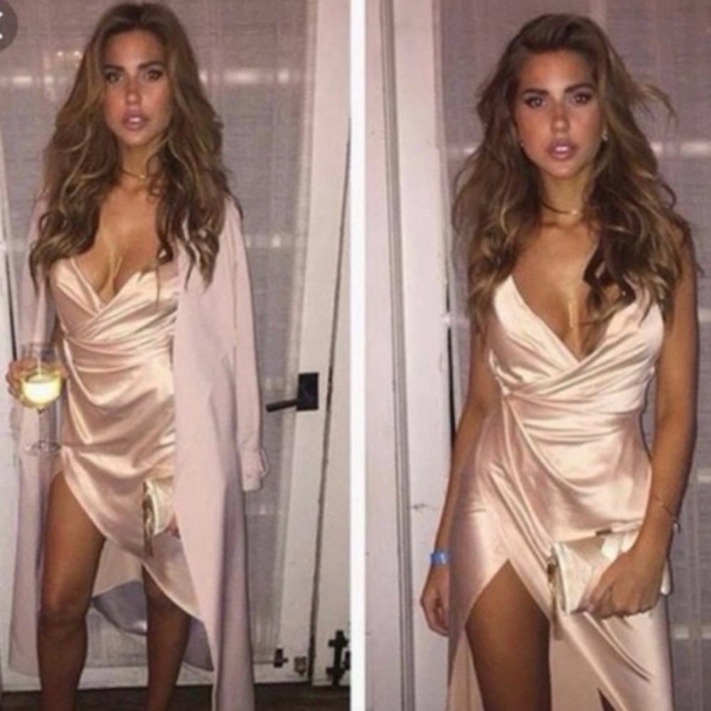 House of CB Midi Blush Pink Satin Wrap Dress Ruched Bodycon Quiet Luxury